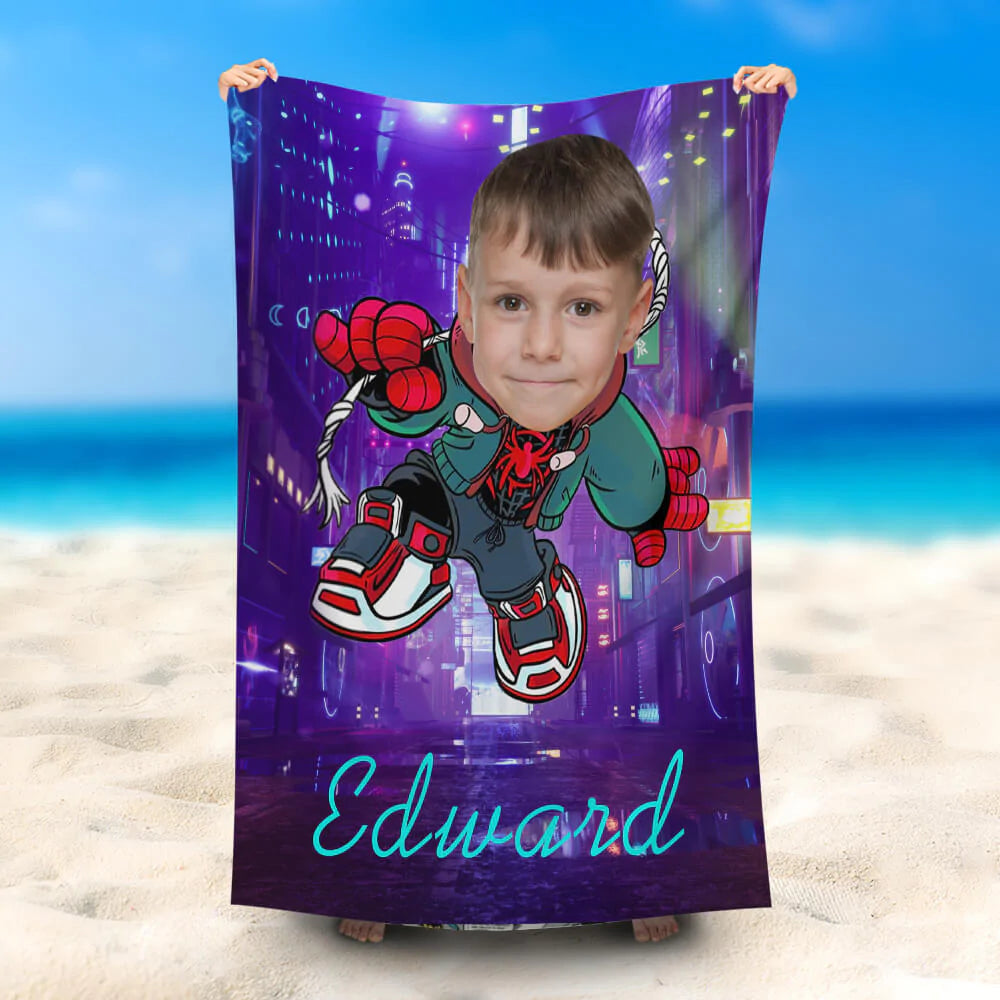 Lofaris Personalized Cute Jacket Spider Boy Name Beach Towel