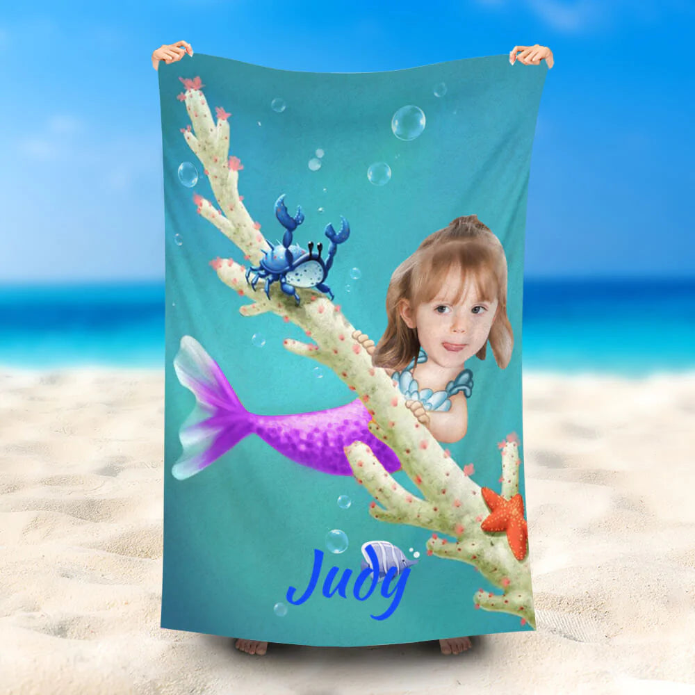 Lofaris Personalized Cute Mermaid Girl Ocean Crab Beach Towel