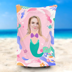 Lofaris Personalized Cute Mermaid Pink Beach Towel With Face