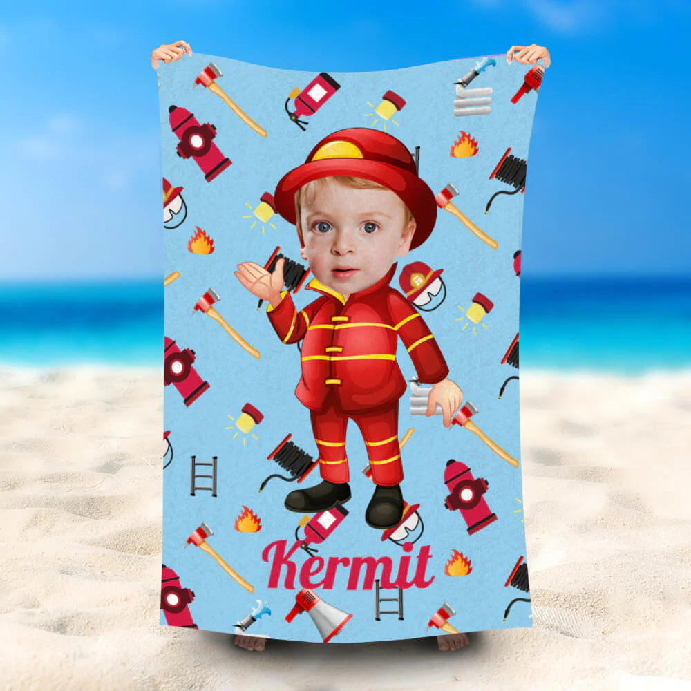 Lofaris Personalized Cute Red Suit Fireman Beach Towel With Face