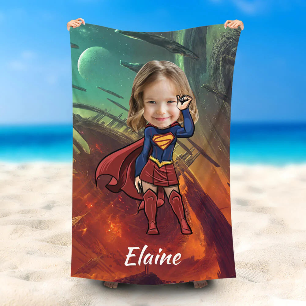 Lofaris Personalized Cute Supergirl Planets Beach Towel With Face