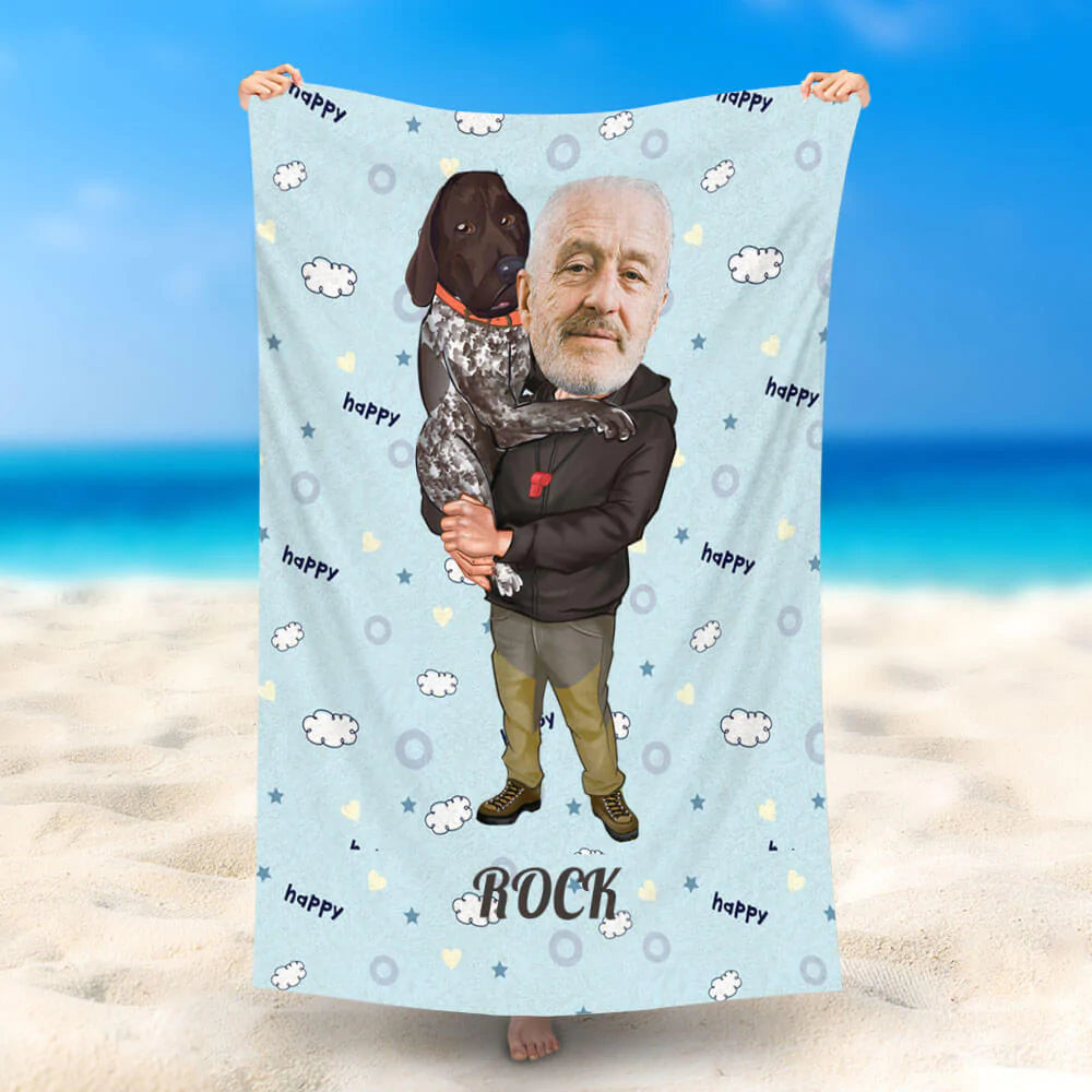 Lofaris Personalized Dad And Pet Style Blue Beach Towel