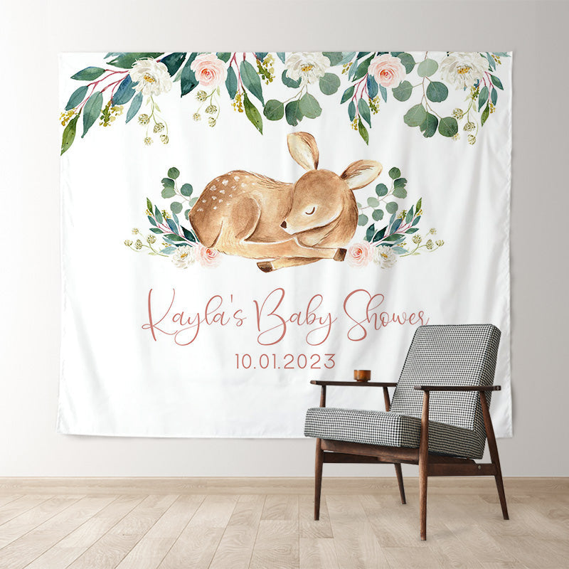 Lofaris Personalized Deer And Flower Baby Shower Backdrop Banner