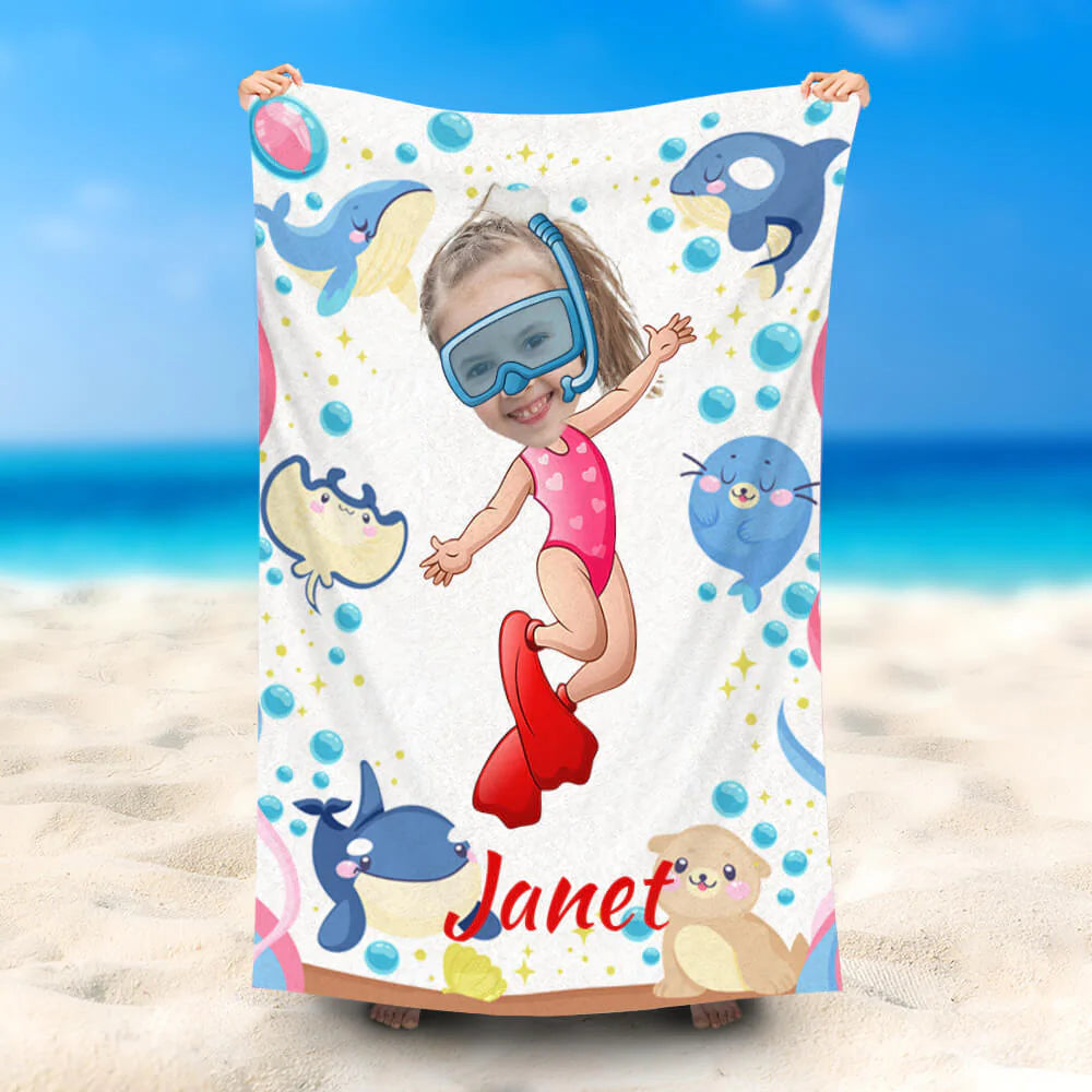 Lofaris Personalized Diving Girl Ocean Animals Beach Towel