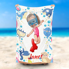 Lofaris Personalized Diving Girl Ocean Animals Beach Towel