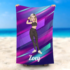 Lofaris Personalized Fitness Woman Purple Stripes Beach Towel