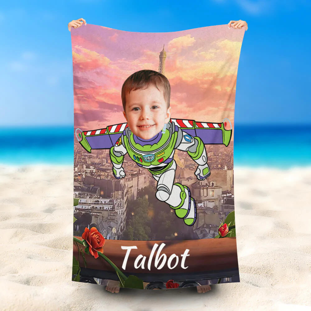 Lofaris Personalized Flying Bazz Lightyear City Beach Towel