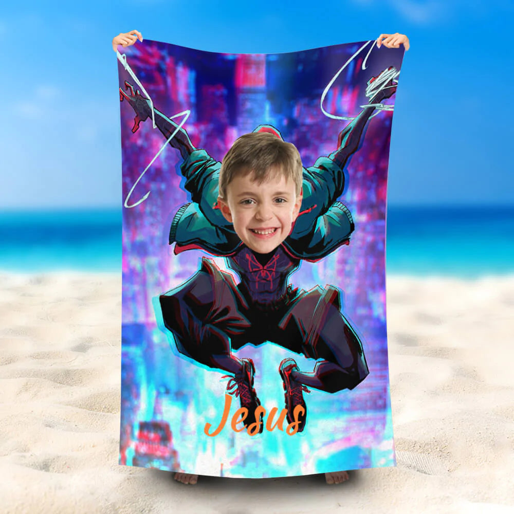 Lofaris Personalized Flying Jacket Spiderboy Face Beach Towel