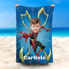 Lofaris Personalized Flying Spiderboy Blue Beach Towel With Face