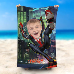 Lofaris Personalized Flying Spiderboy Night City Beach Towel