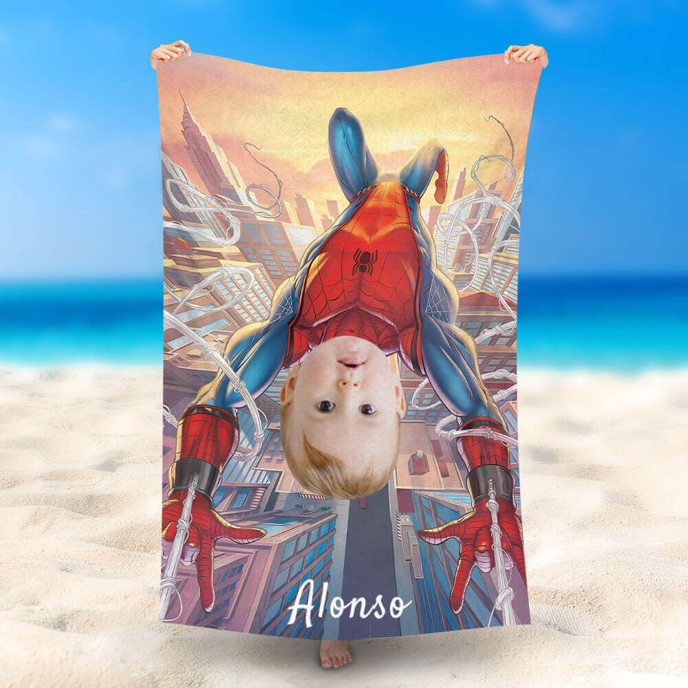 Lofaris Personalized Flying Spiderboy Top City Beach Towel