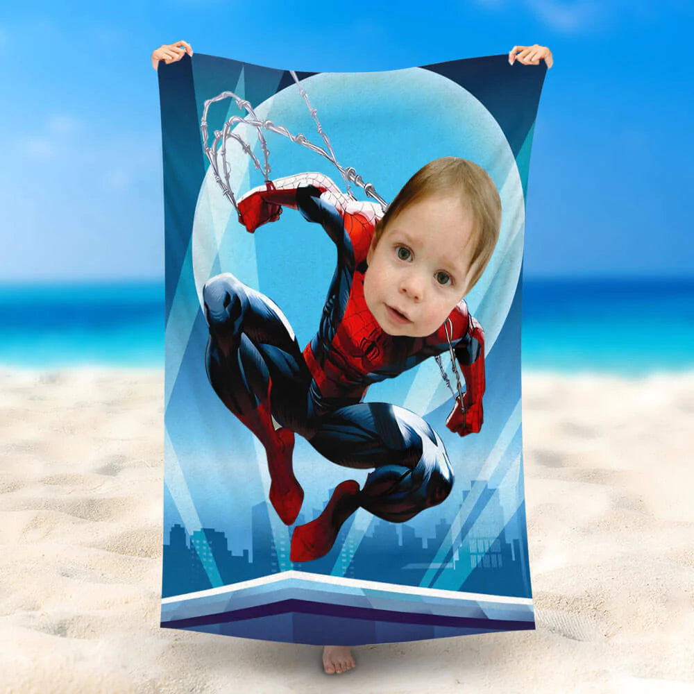 Lofaris Personalized Flying Spiderman Blue Beach Towel Photo