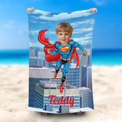 Lofaris Personalized Flying Superman Buildings Face Beach Towel