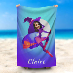 Lofaris Personalized Flying Witch Girl Beach Towel With Name