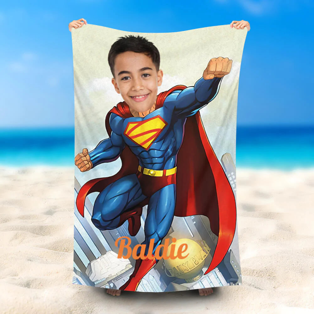 Lofaris Personalized Going Superboy Fly Fun Beach Towel