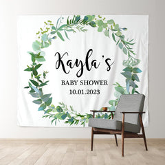 Lofaris Personalized Green Leaf Wreath Backdrop for Baby Shower