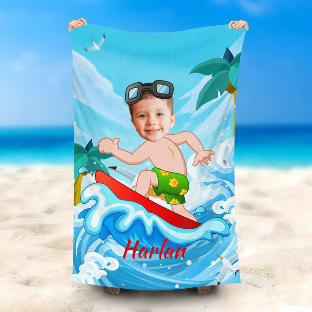 Lofaris Personalized Green Shorts Surfing Boy Beach Towel