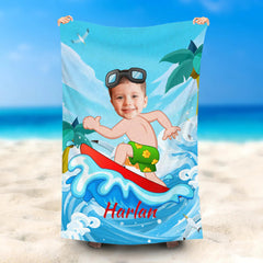 Lofaris Personalized Green Shorts Surfing Boy Beach Towel