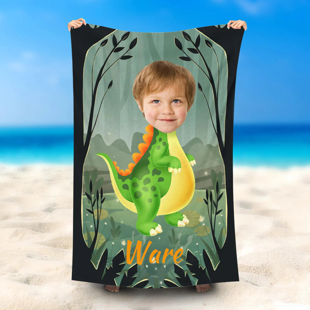 Lofaris Personalized Green Stegosaurus Boy Beach Towel