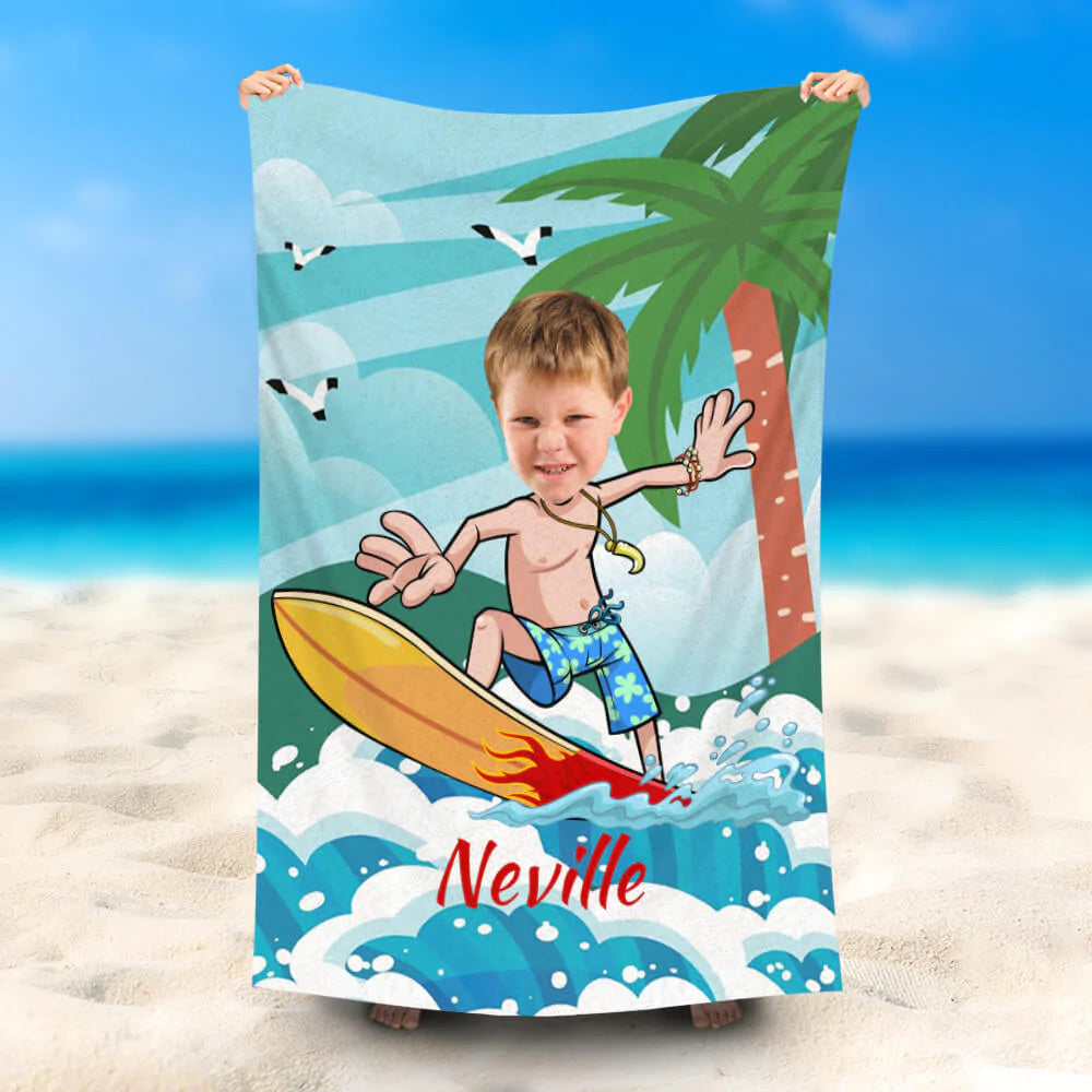 Lofaris Personalized Hawaii Surfing Boy Palm Beach Towel