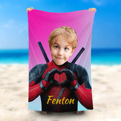 Lofaris Personalized Heart Deadpool Pink Boy Beach Towel