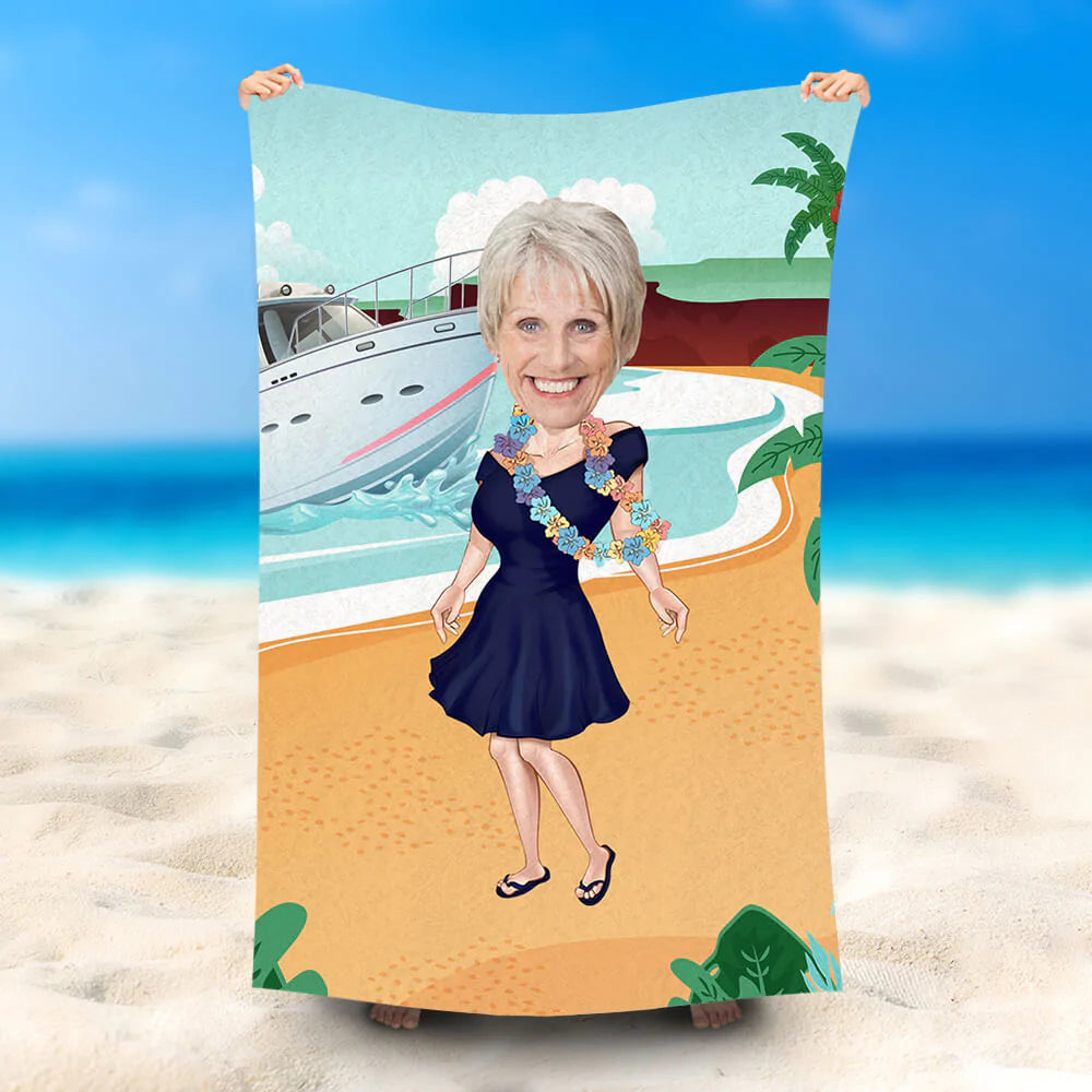 Lofaris Personalized Holiday Lady Face Yacht Coastal Beach Towel