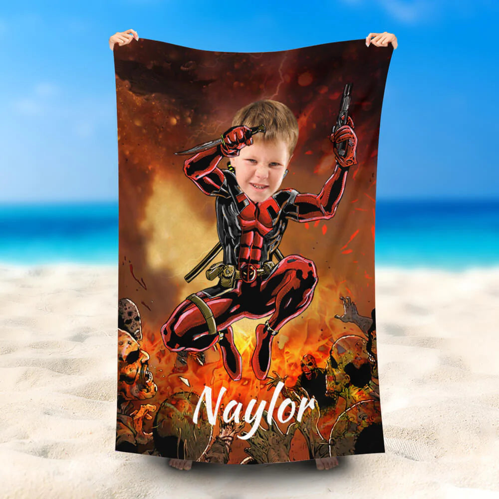 Lofaris Personalized Jumping Deadpool Beach Towel With Photo