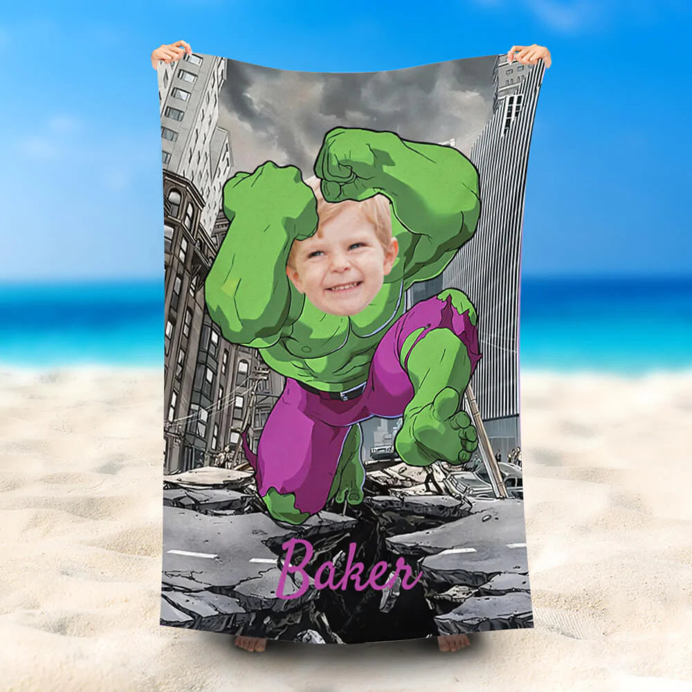 Lofaris Personalized Jumping Hulk Beach Towel With Photo