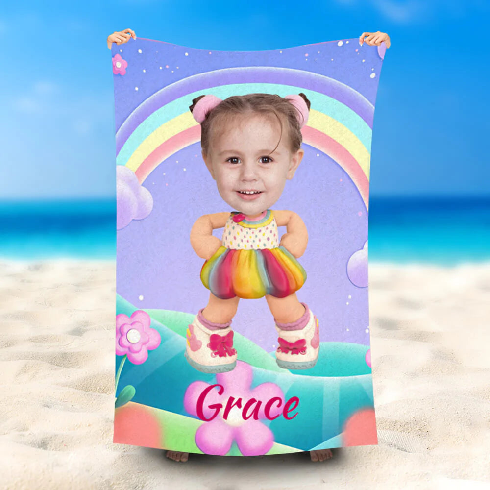 Lofaris Personalized Kate Kindkid Rainbow Beach Towel With Photo