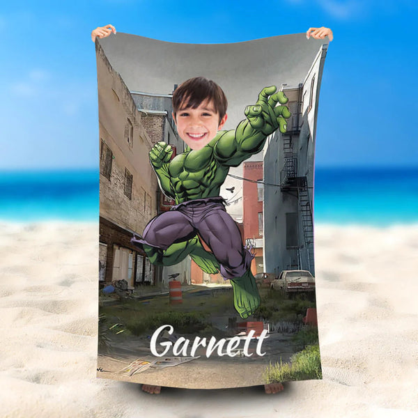 Personalized Leap Hulk Beach Towel With Photo Lofaris