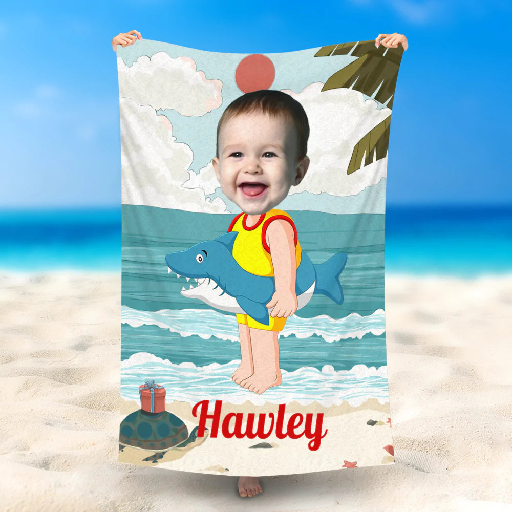 Lofaris Personalized Little Baby With Shark Ring Beach Towel