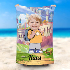 Lofaris Personalized Little Boy With Backpack Castle Beach Towel