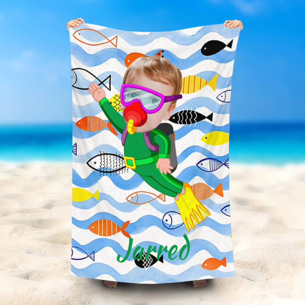 Lofaris Personalized Little Diving Boy Photo Beach Towel