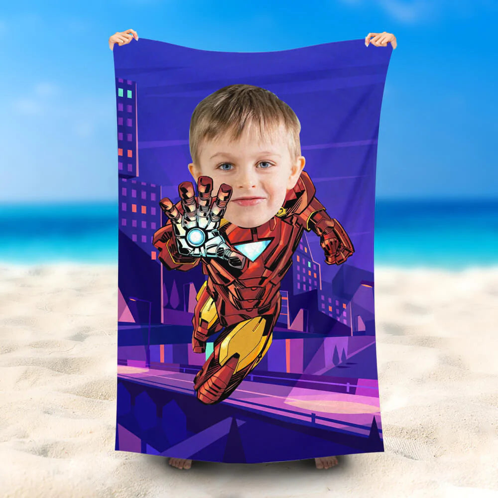 Lofaris Personalized Little Ironman Face Purple Beach Towel