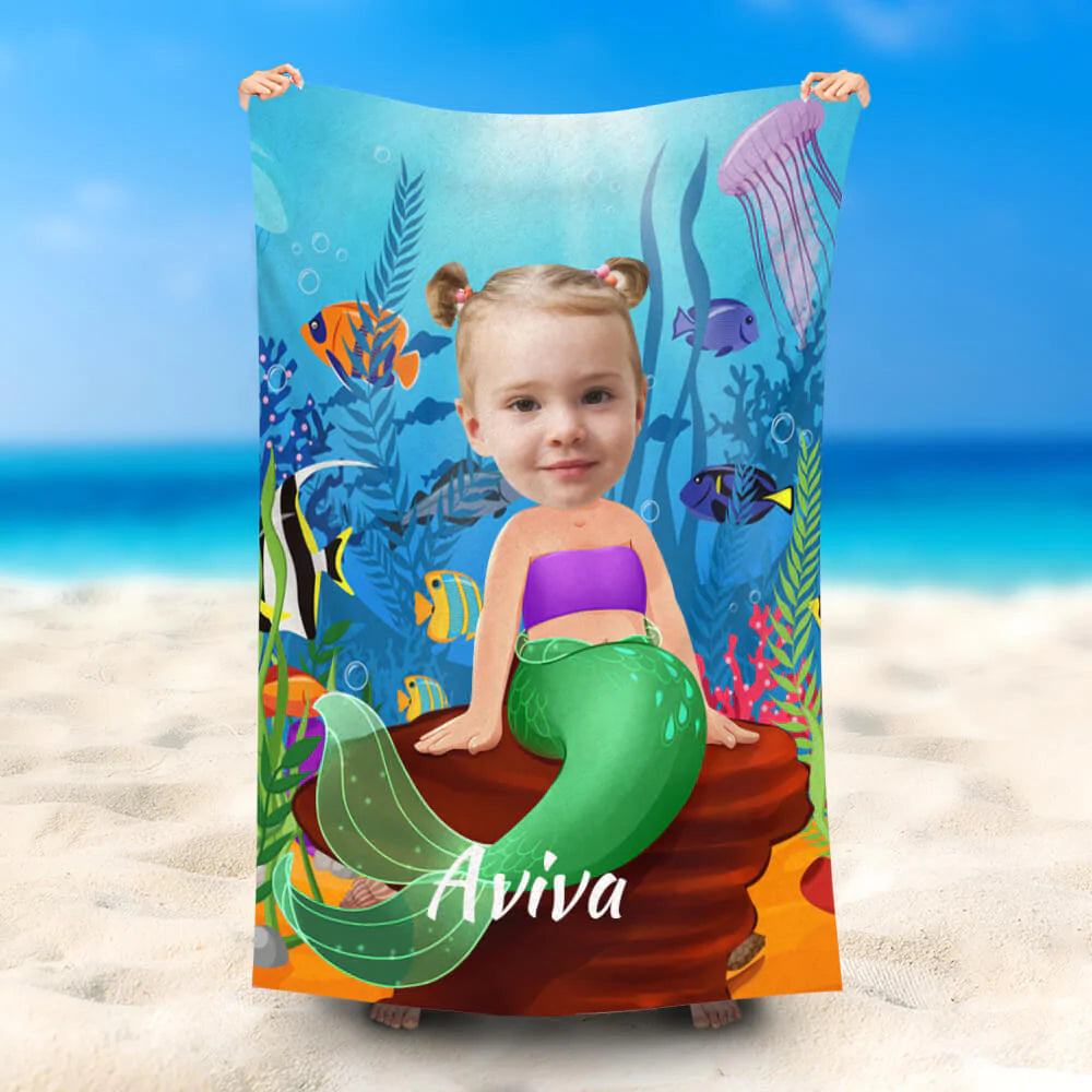 Lofaris Personalized Mermaid Girl Sea World Fish Beach Towel