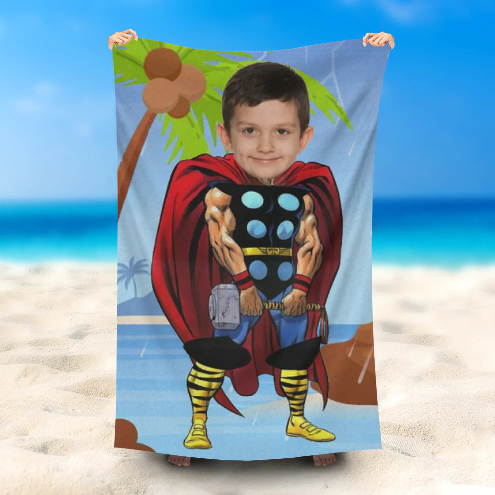 Lofaris Personalized Muscle Thor Boy Coconut Tree Beach Towel