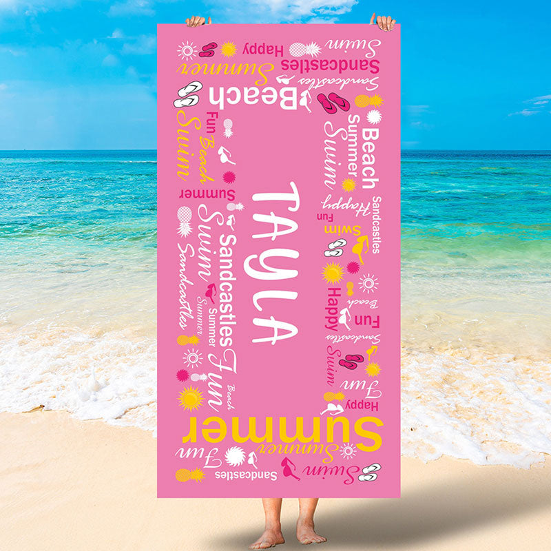 Lofaris Personalized Name And Text Pink Summer Beach Towel