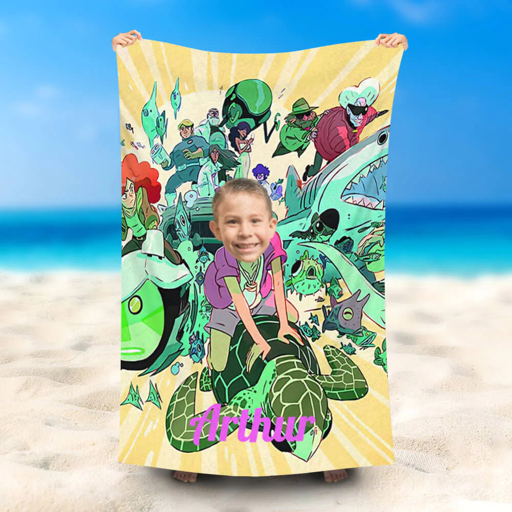 Lofaris Personalized Name Boy Ride Turtle Animal Beach Towel