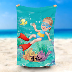 Lofaris Personalized Name Diving Girl Ocean Fish Beach Towel