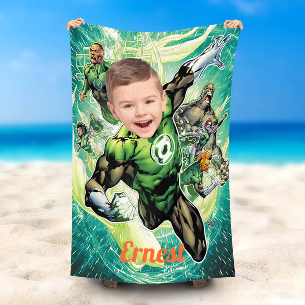 Lofaris Personalized Name Green Lantern Charge Beach Towel