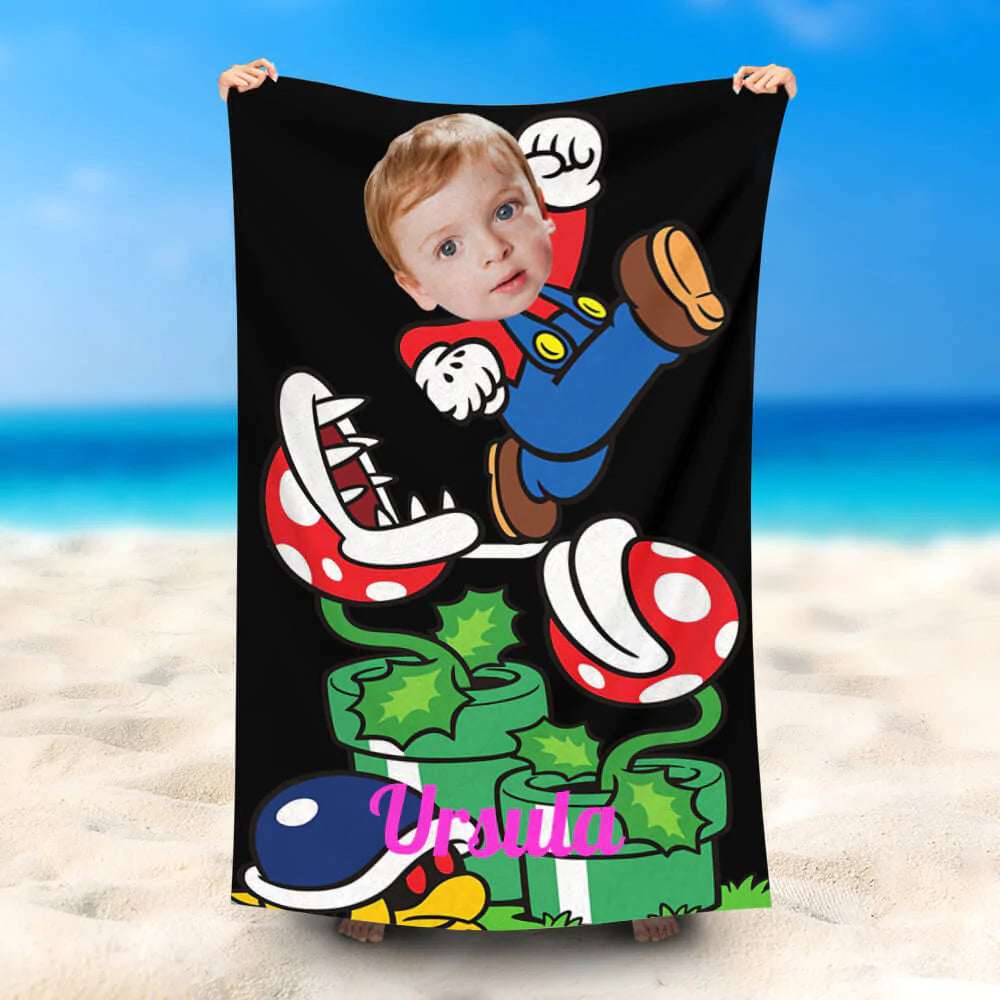 Lofaris Personalized Name Mario Piranha Funny Beach Towel