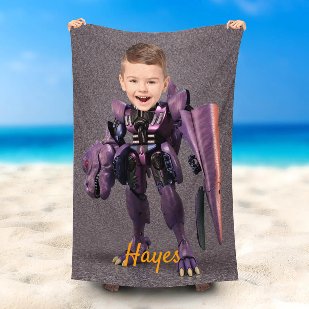 Lofaris Personalized Name Purple Transformer Boy Beach Towel