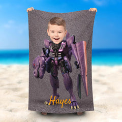 Lofaris Personalized Name Purple Transformer Boy Beach Towel