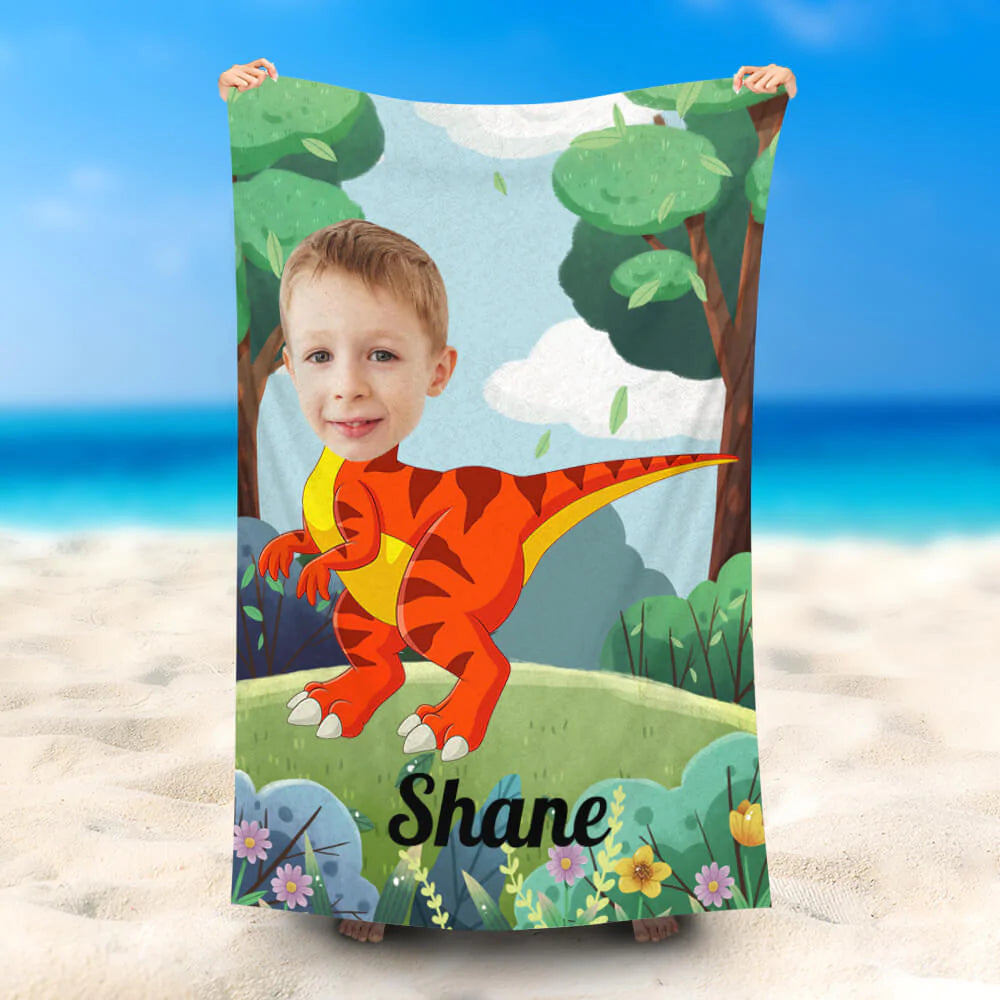 Lofaris Personalized Name Red Dinosaur Boy Forest Beach Towel