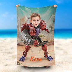 Lofaris Personalized Name Red Transformers Boy Beach Towel