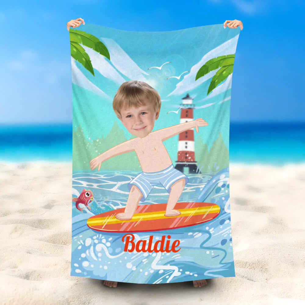 Lofaris Personalized Name Surfing Boy Waves Short Beach Towel