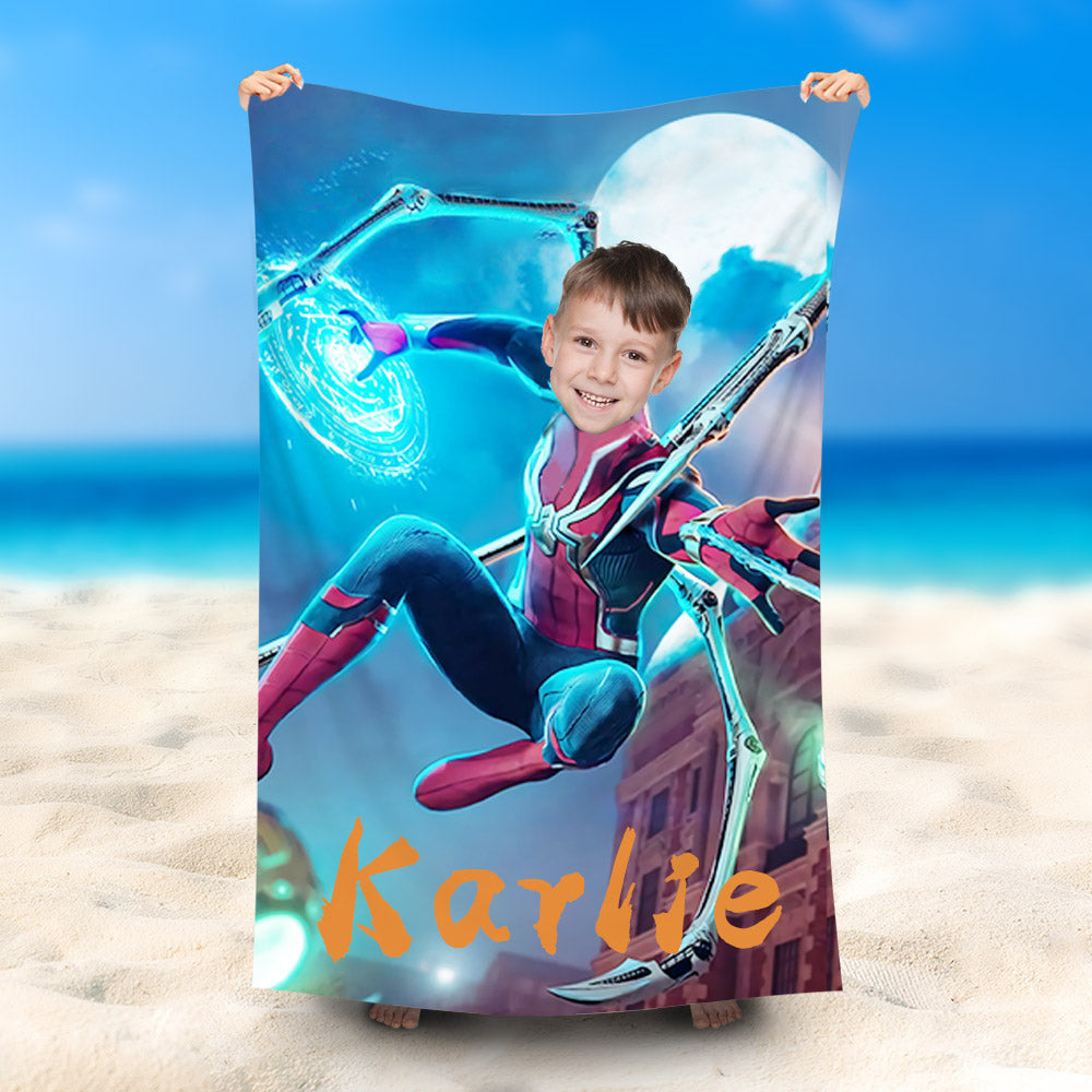 Lofaris Personalized Night City Moon Spiderboy Name Beach Towel