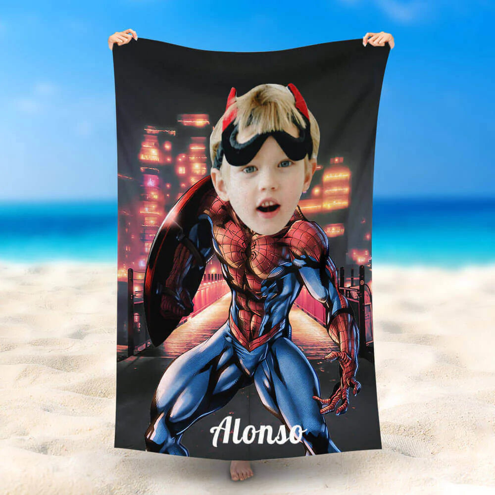 Lofaris Personalized Night City Spiderman Shield Beach Towel