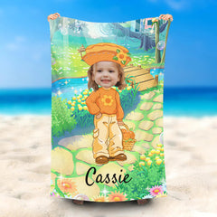 Lofaris Personalized Orange Floral Girl River Beach Towel