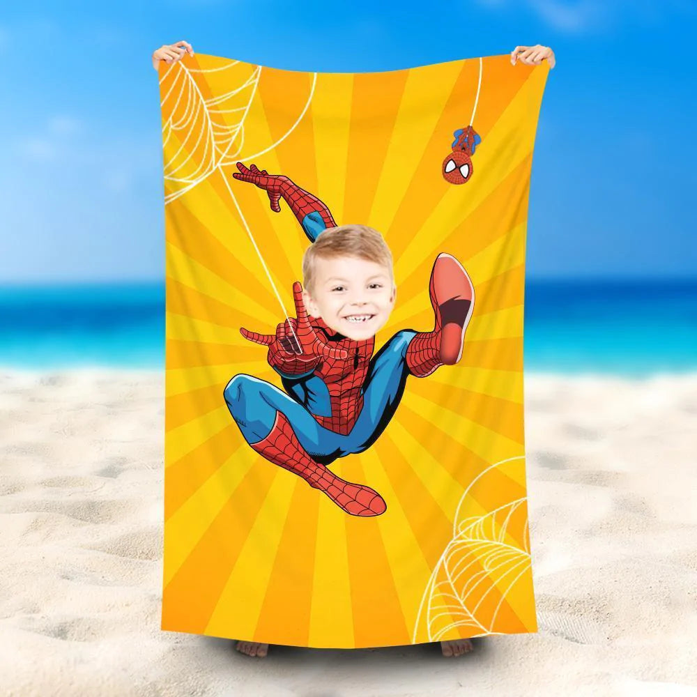 Lofaris Personalized Orange Stripe Spiderboy Beach Towel